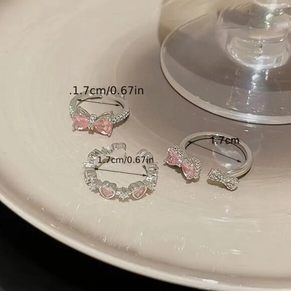 NEW 3 pink and silver coquette bow rings, BOHO chic rings, pink bow ring, adjust - Picture 4 of 4